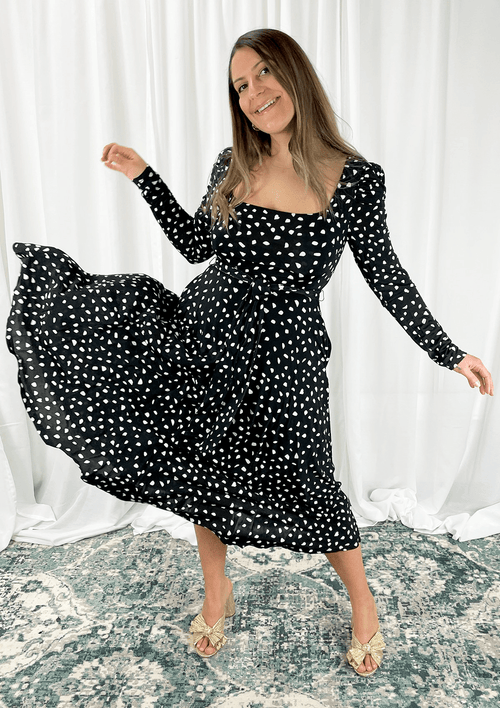 Snowdrop Square Neck Knit Midi Dress Black and White Confetti Print