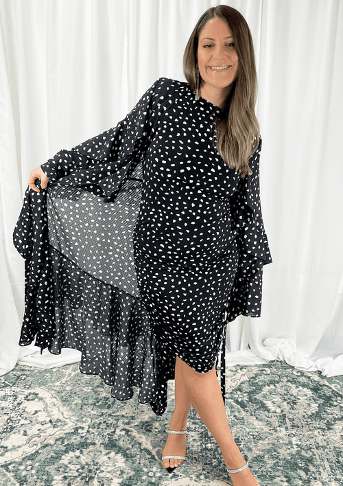 Rose Ruched Knit Dress Black and White Confetti Print