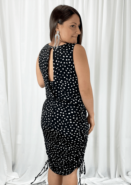 Rose Ruched Knit Dress Black and White Confetti Print