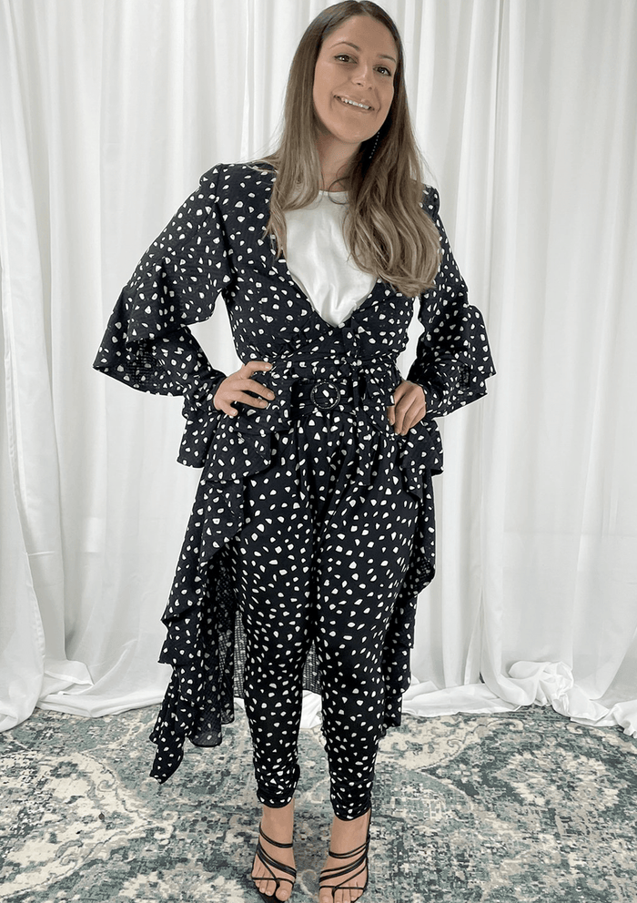Fresia High Waist Buckle Pant Black and White Confetti Print