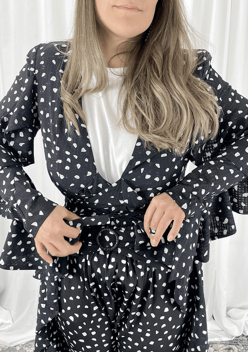 Fresia High Waist Buckle Pant Black and White Confetti Print