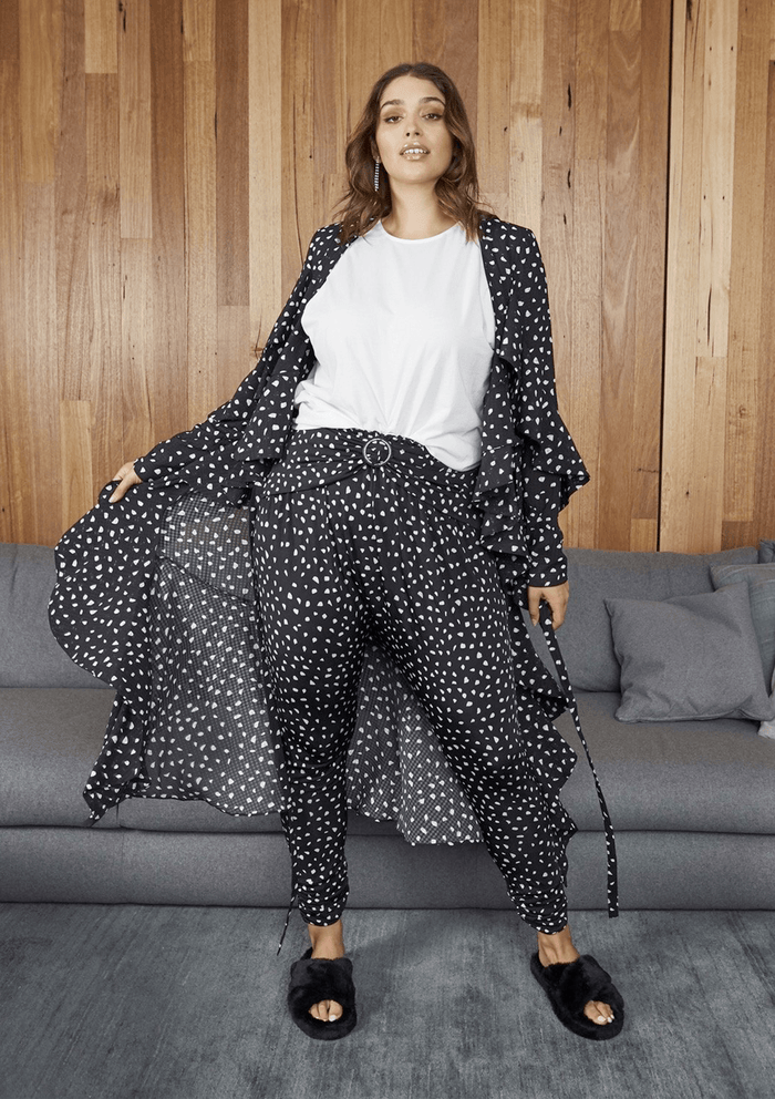 Fresia High Waist Buckle Pant Black and White Confetti Print