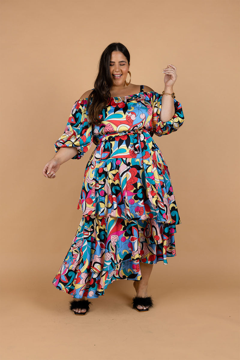 Tropicale Off Shoulder Maxi Dress - Strawberry Party Print