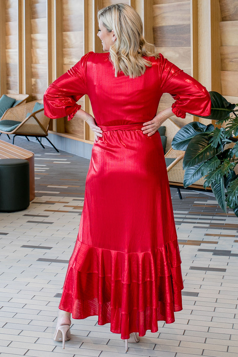 Lady in Red Metallic Wrap Dress