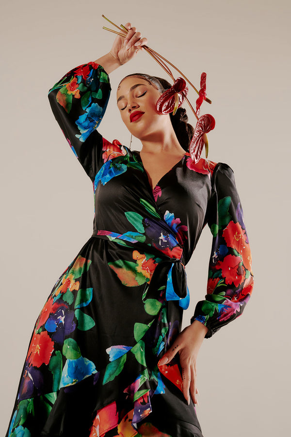 Paradiso Satin Wrap Dress Poppy Girl Print