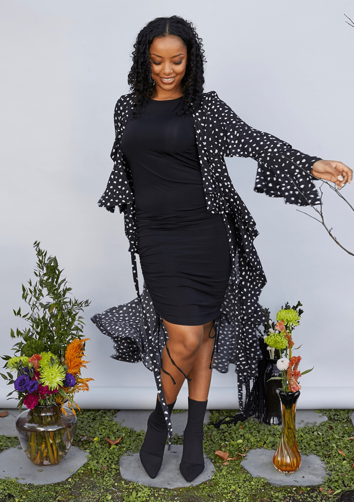 Black ruched knit dress top