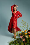 Lady in Red Metallic Wrap Dress