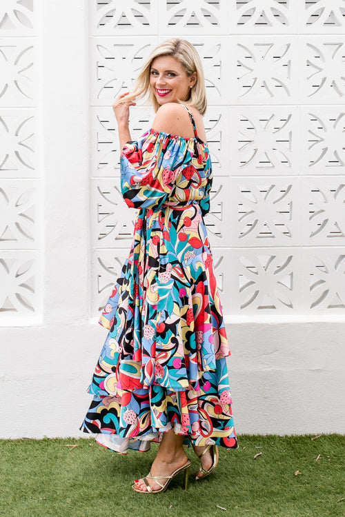 Tropicale Off Shoulder Maxi Dress - Strawberry Party Print