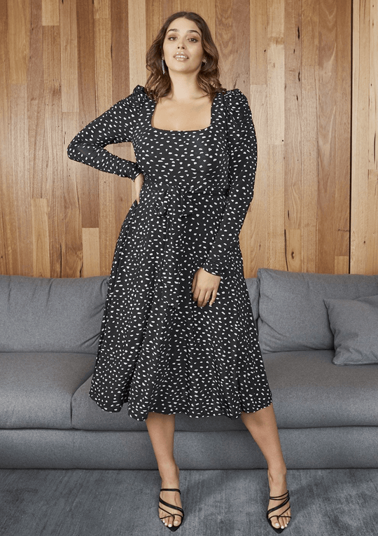 Snowdrop Square Neck Knit Midi Dress Black and White Confetti Print